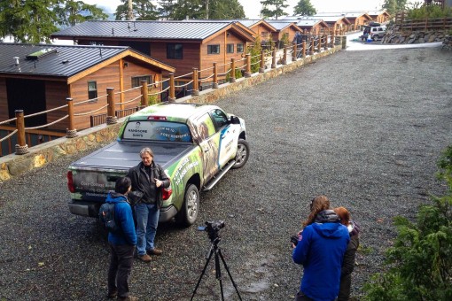 Chamber of Commerce President, Dan Hager, speaking with a film crew about the growth of 'big tree tourism' in Port Renfrew.