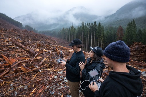 Nicholas de Pencier and Jennifer Baichwal filming in an old-growth forest clearcut on Edinburgh Mountain near Port Renfrew on Vancouver Island, featured in the acclaimed documentary, Anthropocene: The Human Epoch.