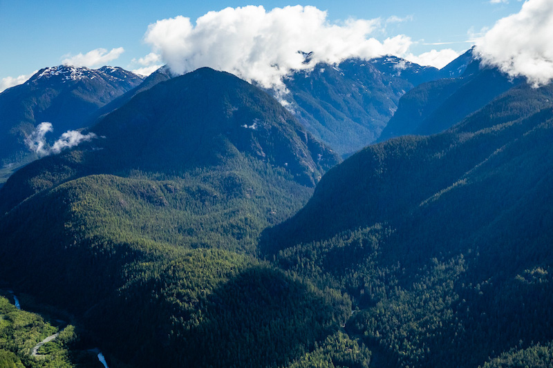 An aerial view of the intact McKelvie Valley near Tahsis