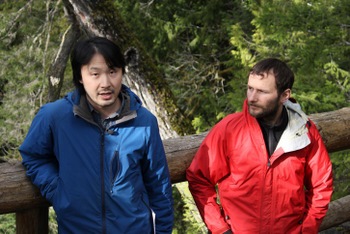 Ken Wu and Jason Addy at a press conference at the Sooke Potholes on Mar. 1.