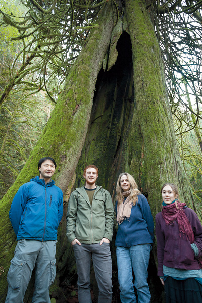 Photo attached (media are free to reprint):  From left to right - AFA Executive Director Ken Wu; Campaigner and Photographer TJ Watt; Admin Director Joan Varley; Researcher and Writer Hannah Carpendale. Taken at hollow old-growth cedar at Goldstream.
