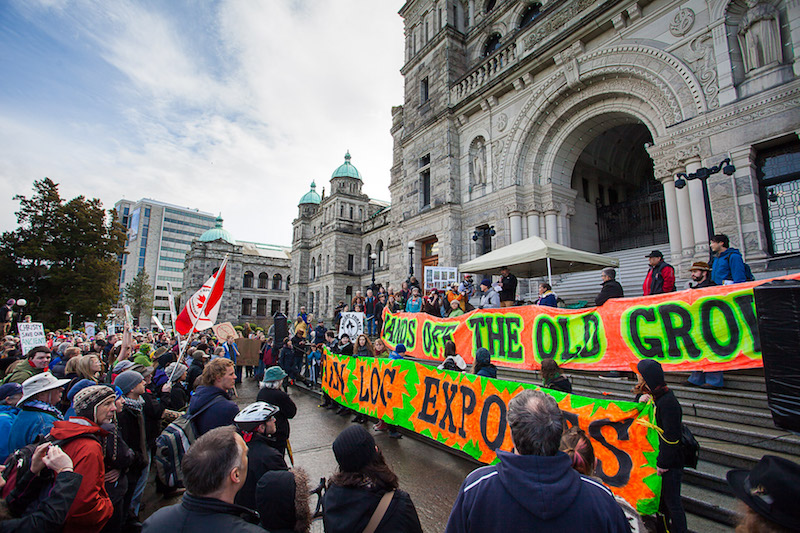 Environmentalists rally with forestry workers at a rally at the provincial legislature organized by the Ancient Forest Alliance (AFA) and the Private and Public Workers of Canada (PPWC) before the 2013 provincial election.