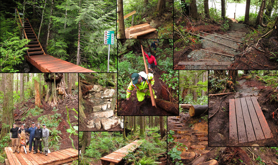 A collage of images featuring various sections of the Avatar Grove boardwalk completed over the May Long Weekend.