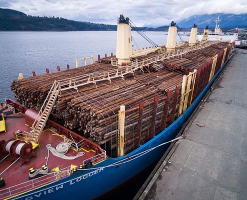 A ship loaded with raw logs headed for Japan sits docked in Port Alberni on Feb 24