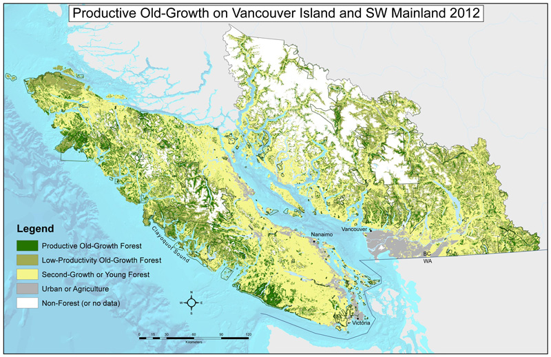 A map of the remaining productive old-growth forests left on Vancouver Island and the SW Mainland as of 2012.