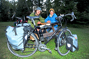 Nigel Jackett (left) and Jaime Hall are hoping to catalogue as many as 400 bird species as they cycle across Canada
