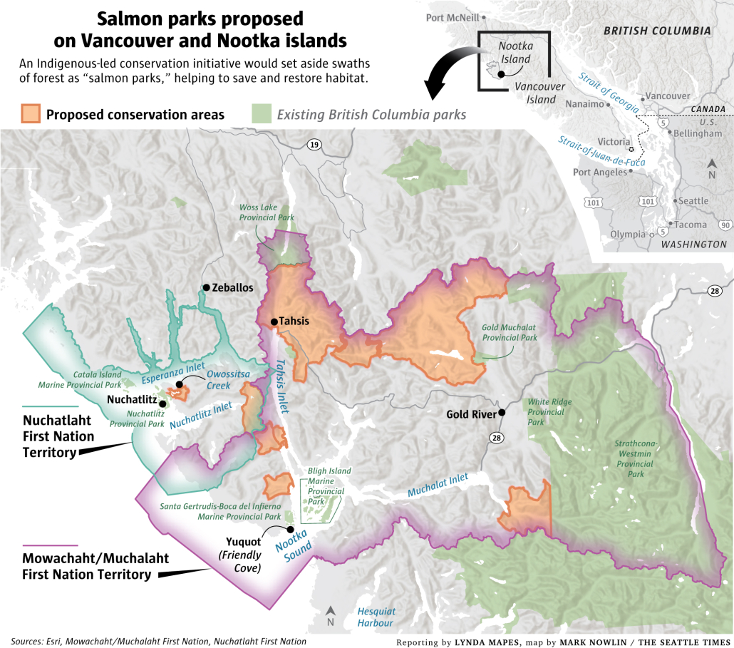 A map of the Salmon Parks proposed on Vancouver Island and Nootka Island.