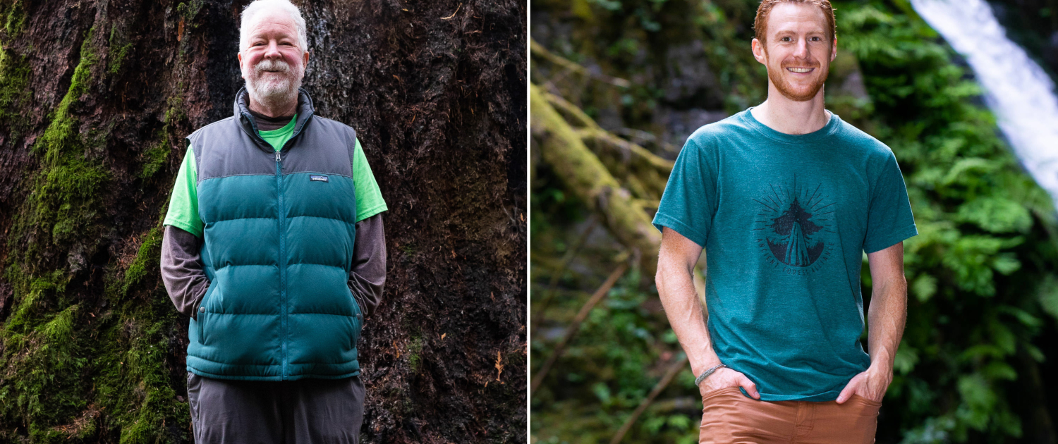 A man with grey hair and a beard stands in front of a massive old-growth tree wearing a puffy Patagonia vest and neon green t-shirt. Beside him on the right is a photo of another man with red hair and a beard wearing a teal Ancient Forest Alliance t-shirt, also standing in an old-growth forest.