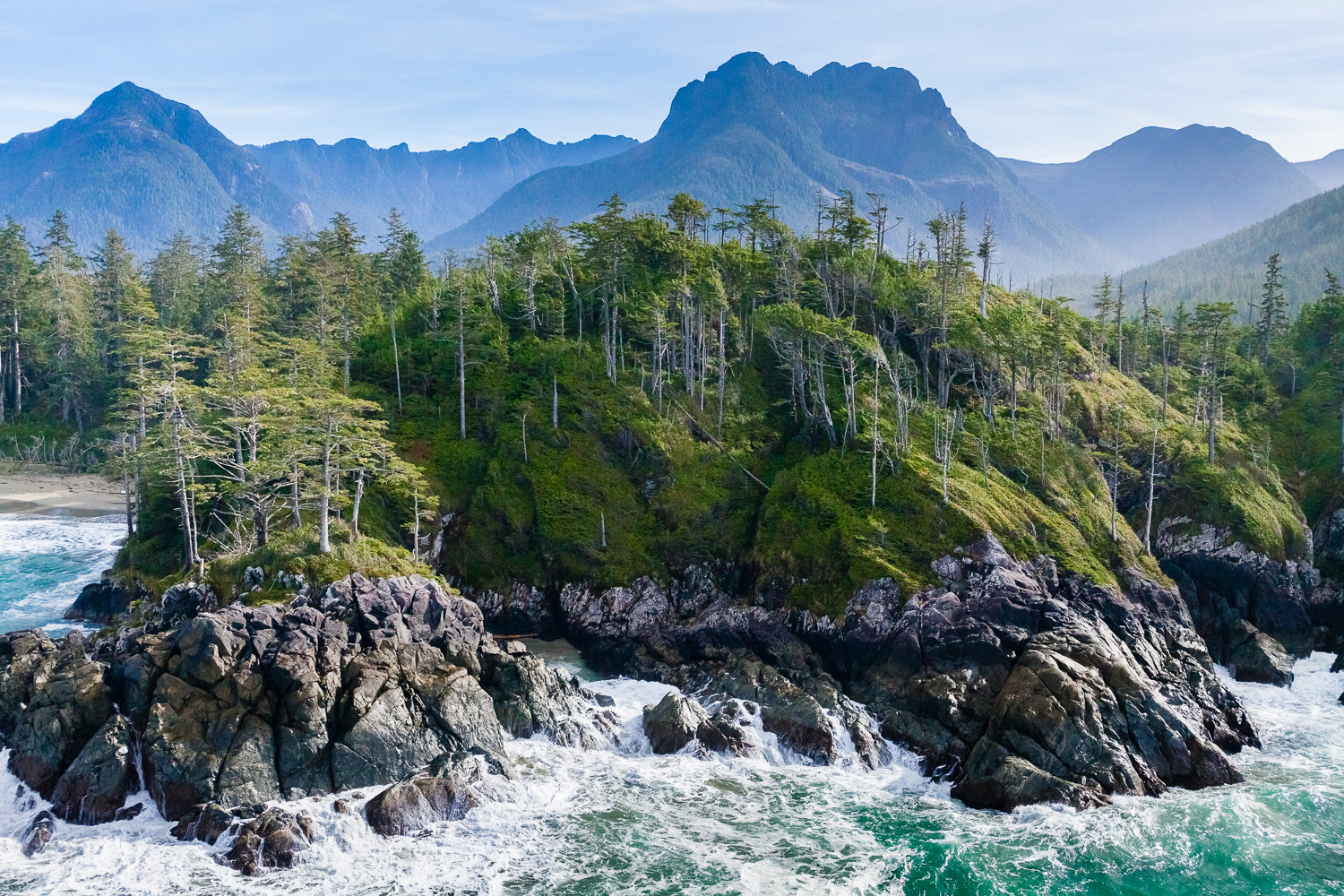 A turquoise ocean splashes against craggy rocks with lush, green old-growth forest and blue-hued mountains in the background.