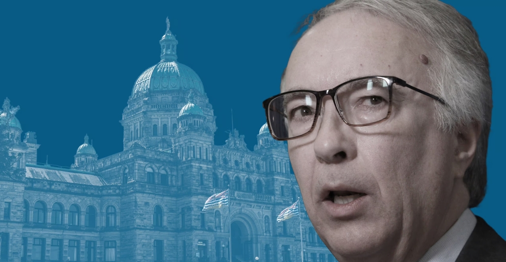 A graphic image of the BC legislature in shades of blue, with a photo of John Rustad in the forefront.