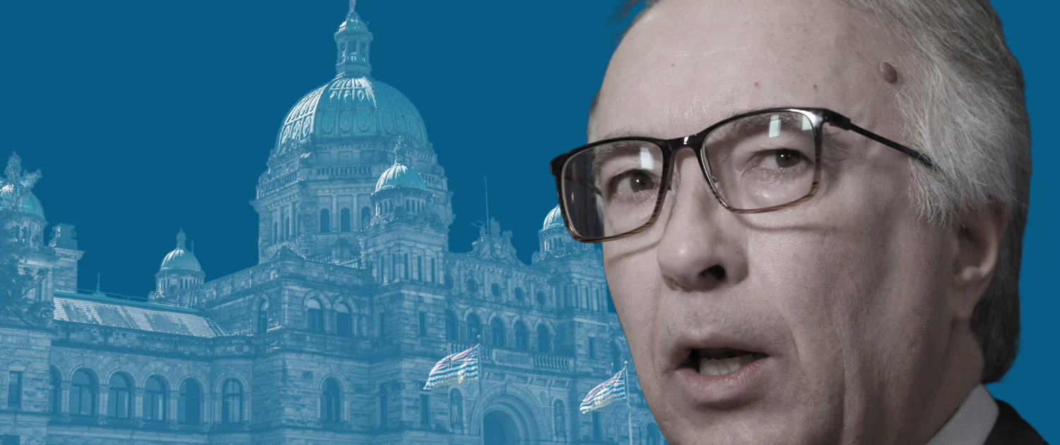 A graphic image of the BC legislature in shades of blue, with a photo of John Rustad in the forefront.