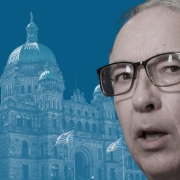 A graphic image of the BC legislature in shades of blue, with a photo of John Rustad in the forefront.