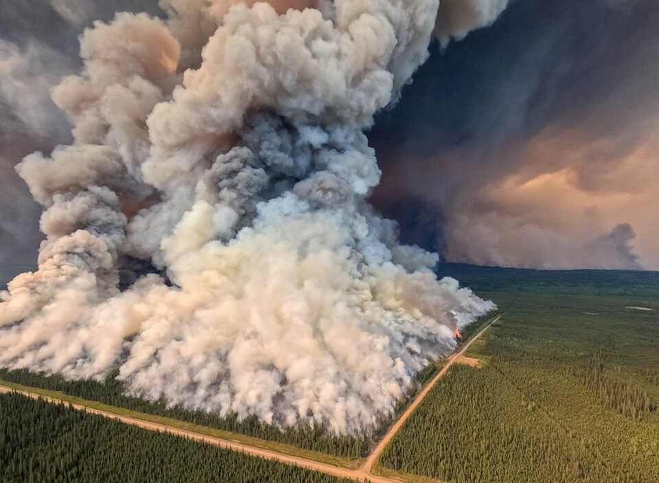 A plume of smoke erupts from a square piece of land during the Donnie Creek Fire in 2023.