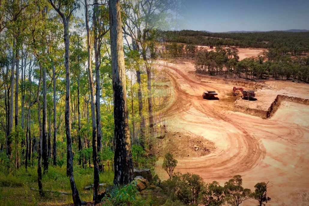 An edited image depicting the before and after the effects of mining on the left, and the old jarrah forest on the right.