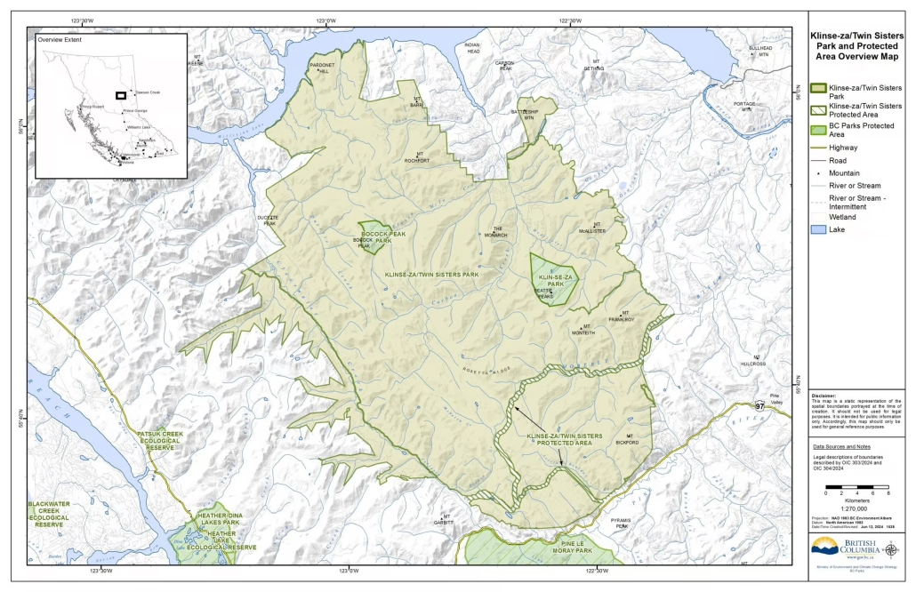 A map of the expanded Klinse-Za / Twin Sisters Park is the largest provincial park created in BC in a decade. Map: Province of BC