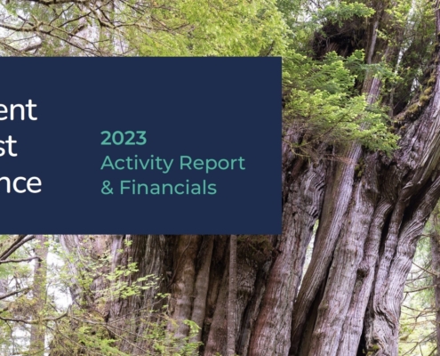 A man in a red jacket stands in front of a massive old-growth western redcedar. A navy blue text box sits in the top left corner reading, "Ancient Forest Alliance; 2023 Activity Report & Financials". Ancient Forest Alliance's logo sits in the bottom right corner.