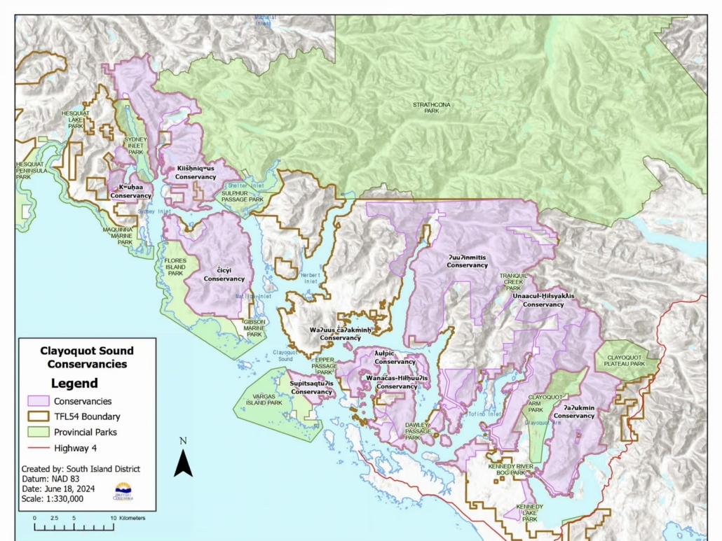 A map of the ten new conservancies that encompass some of the last-standing old-growth forests on Vancouver Island. 